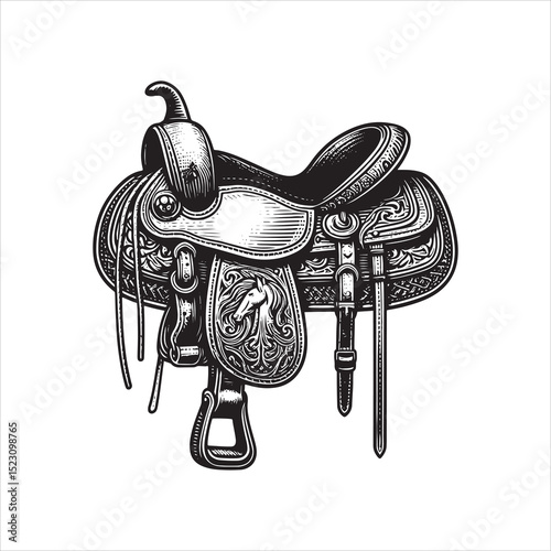 Western Saddle on Fence – Vintage Cowboy Culture Line Art