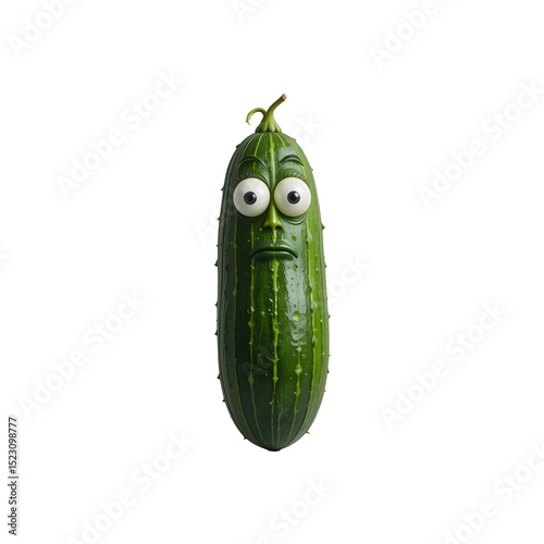 Funny cucumber with cartoon eyes and an apprehensive expression.A creative and humorous image of a cucumber with large, round, cartoon eyes and a slightly worried or apprehensive expression.
