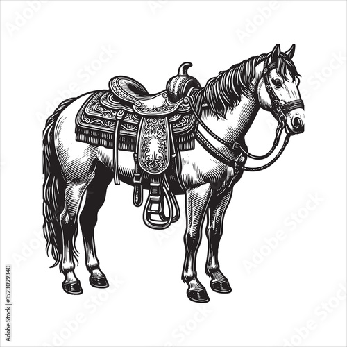 Western Saddle on Fence – Vintage Cowboy Culture Line Art