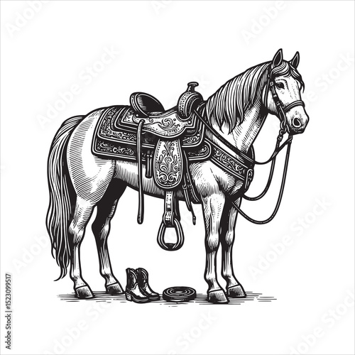 Western Saddle on Fence – Vintage Cowboy Culture Line Art