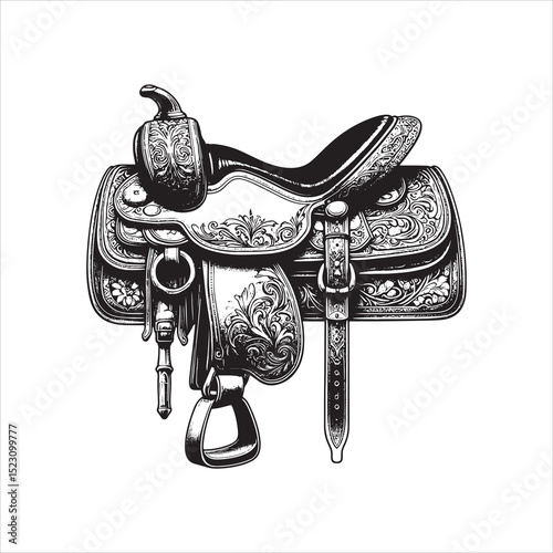 Western Saddle on Fence – Vintage Cowboy Culture Line Art