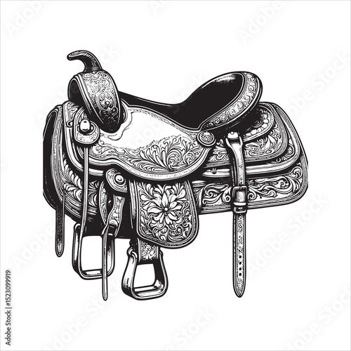 Western Saddle on Fence – Vintage Cowboy Culture Line Art