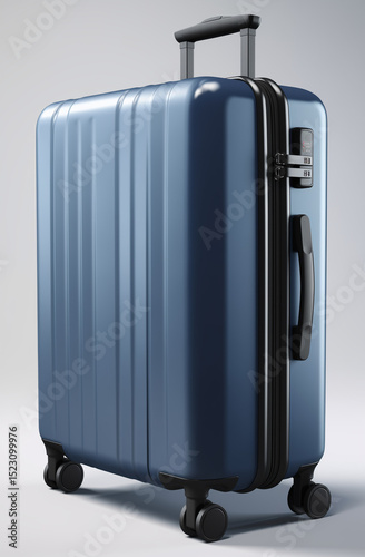 a blue suitcase with black wheels, viewed from a slightly high angle with moderate perspective