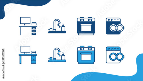 Home life icon set with Work Desk, Faucet, Stove, Washing Machine.