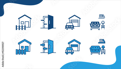 Home life icon set with Home, Door, Garage, Living Room.