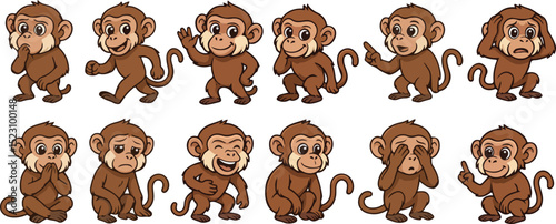 vector illustration of monkey primal cimpanzee orangutans gorilla cartoon funny cute mascot character cartoon with 12 poses