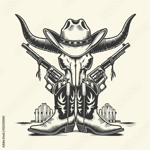 Western Skull with Cowboy Hat, Guns and Boots Vector Illustration