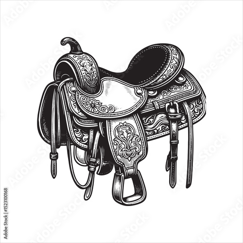 Western Saddle on Fence – Vintage Cowboy Culture Line Art