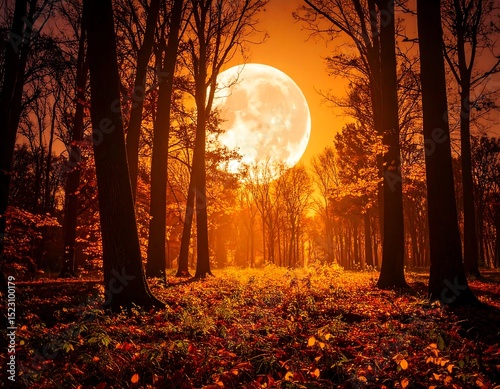Autumn moonlit forest path