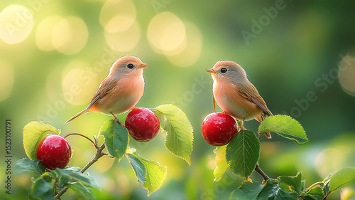 Two cute tiny birds perched on cherries
