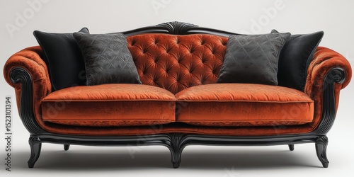 Elegant Tufted Orange Sofa with Dark Wood Trim and Black Pillows on White Background