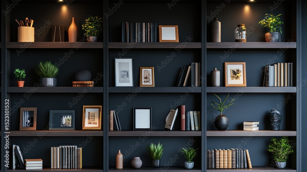 Dark bookcase filled with decorative items Dark bookcase filled with decorative items