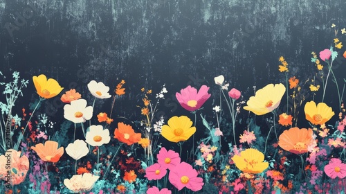 Bright, colorful flowers bloom against a textured dark background, showcasing a lively and imaginative digital art style
