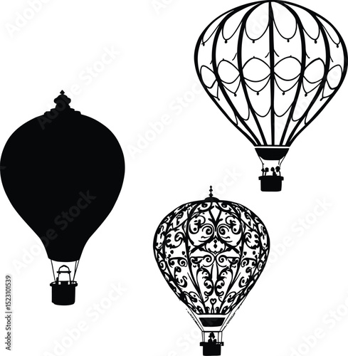 Collection of Hot Air Balloon Designs Including Silhouette, Ornate, and Outline Styles
