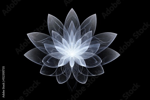 Complex geometric flower patterns in white against a black background create striking visual depth and detail
