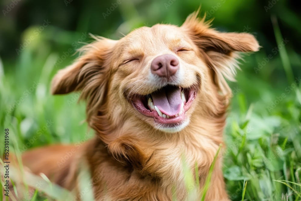 Obraz premium Happy golden retriever enjoying a sunny day in the grass
