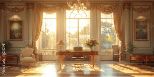 Opulent Office Room with Large Windows, Elegant Furniture, and Natural Light