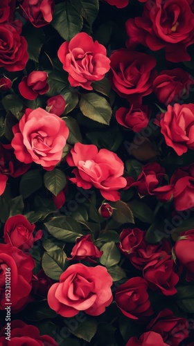 Garden filled with blooming red roses showcasing vibrant colors and lush leaves, creating a beautiful, serene atmosphere