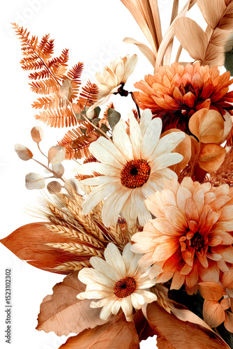 This artwork showcases a stunning arrangement of watercolor flowers in shades of orange and cream, highlighted by delicate leaves and ferns