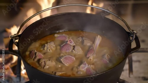 Cinematic Video of Rustic Stew Simmering in Cast Iron Pot Over Fire — Cozy, Photorealistic Fireplace Cooking Scene