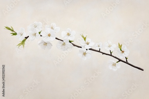 A branch of cherry blossoms adorned with white flowers gently reaches out, showcasing nature's beauty in a serene and soft atmosphere