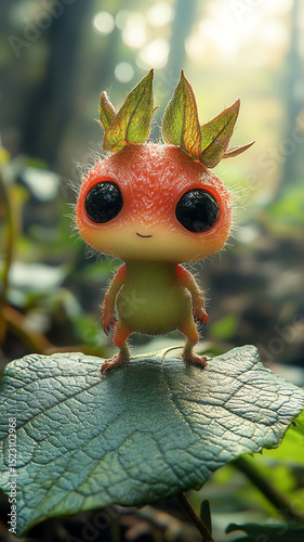 Cute surreal anthropomorphic strawberry in the forest. Fantasy concept
