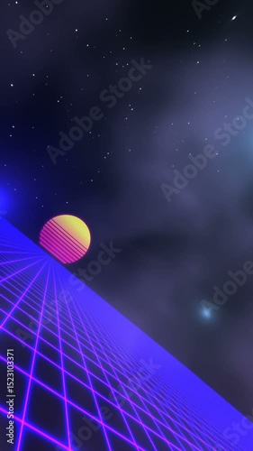 Seamless animation of retrofuturistic neon synthwave vertical video of a grid landscape