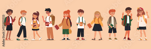 Back to school kids hand drawn style, education theme. Boys and girls with backpacks and booksVector illustration.