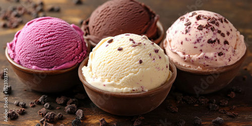 Four Different Flavored Scoops of Ice Cream in Small Bowls on a Wood Surface