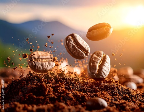 Coffee beans in motion over ground coffee
