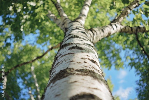 Tall birch tree reaching skyward under bright blue sky with vibrant green leaves