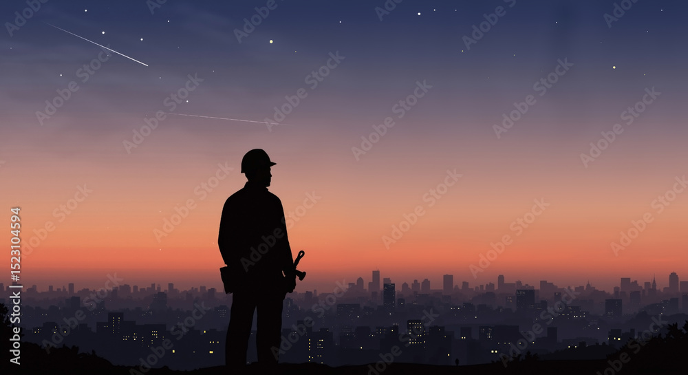 Fototapeta premium Man silhouette standing against starry night sky with city skyline. Person contemplating urban landscape at sunset. Dreams and inspiration concept