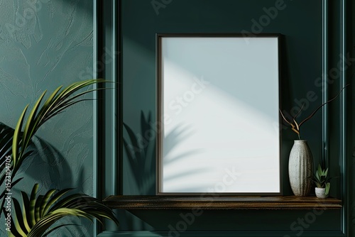 Closeup of a Mock Poster Frame on a Shelf in a Dark Green Interior Rendered in 3D photo