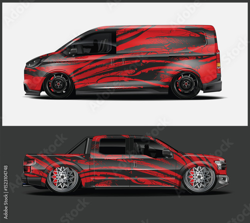 Red and Black Abstract Design Vehicle Wraps for Van and Truck
