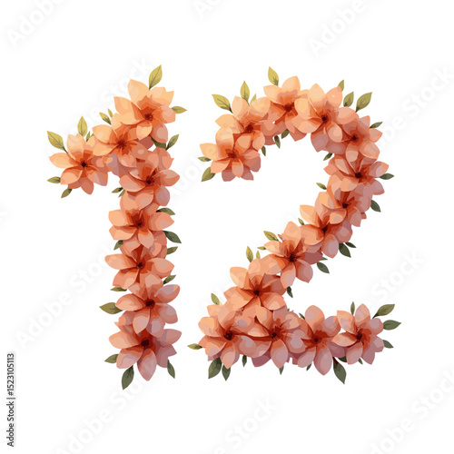A meticulously crafted floral arrangement spells out the number "12," with a profusion of delicate blossoms in soft peach tones. The digits, artfully formed and surrounded by verdant foliage.
