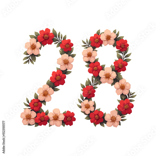 The number 28, exquisitely designed with red and blush flowers, evoking elegance and natural beauty. The composition blends artful floral arrangements with mathematical precision.