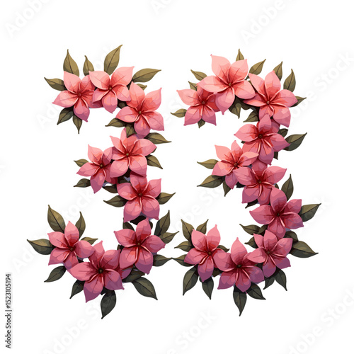 Elegant Floral Numerals Composed of Exquisite Blossoms in full bloom. A captivating image of the number "33" composed of meticulously arranged floral displays.