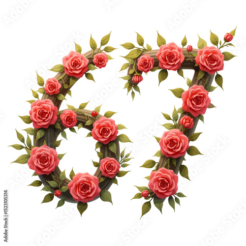 The elegant number arrangement of 67, a beautiful composition of red roses and verdant leaves, creating a romantic and artistic visual display.