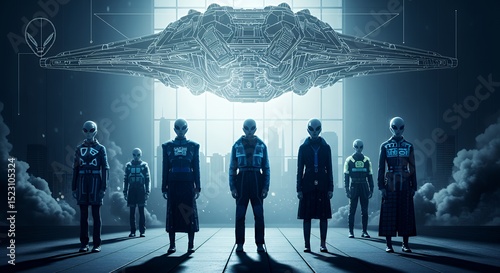 Futuristic Alien Team Standing Before a Schematic Spaceship in City