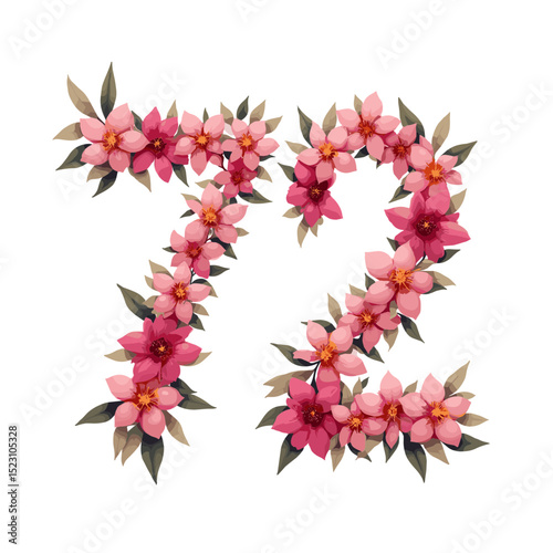The number seventy-two, 72, elegantly crafted from delicate pink flowers and lush green leaves, creating a vibrant and floral numeral design.