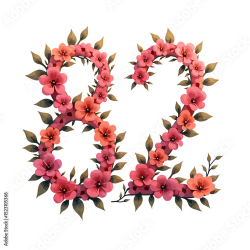 A beautiful numeral "82" crafted from delicate flowers and vibrant foliage, showcasing a whimsical floral design perfect for adding a touch of elegance and charm. 