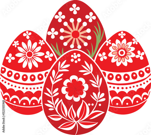 Colorful floral painted Easter eggs, element set on transparent background