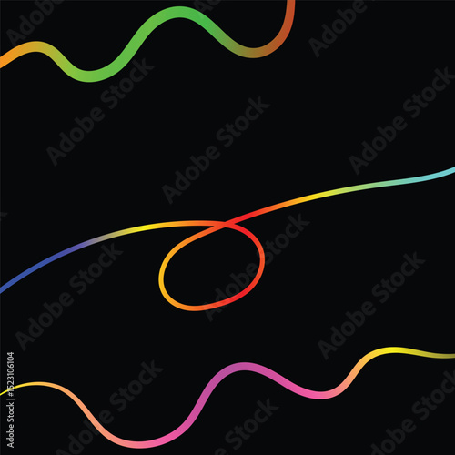 Abstract Colorful Wavy Lines on Black Background vector: Artistic digital representation of fluid colorful gradients on a dark canvas. conveying movement and dynamism. 