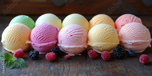 Assorted Ice Cream Scoops with Fresh Berries on Rustic Wooden Surface