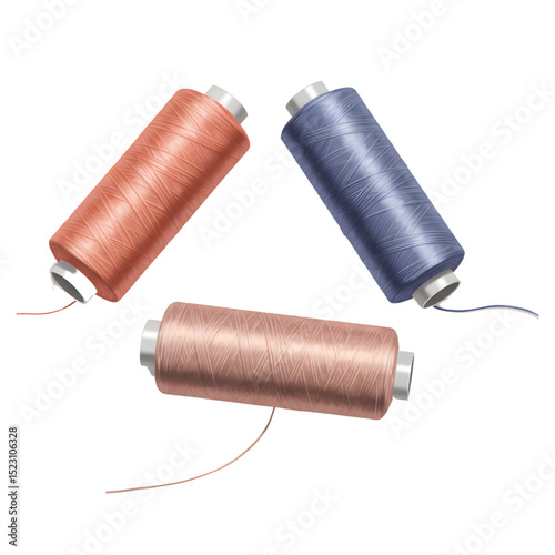 Spools of sewing thread in peach and blue colors arranged artistically on a white background copy space