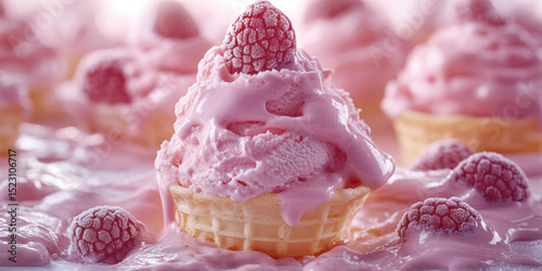 Pink Ice Cream Cone Topped with Raspberry Surrounded by More Scoops