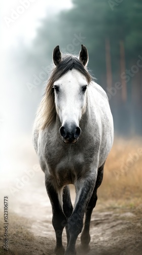 White horse walking along a misty forest path in the early morning light
