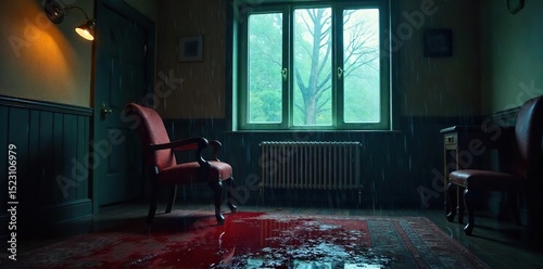 A dimly lit room, rain lashing against the window, a single overturned chair near a bloodstained carpet, suggesting a violent struggle and a hasty escape , dramatic, trail of blood, horror