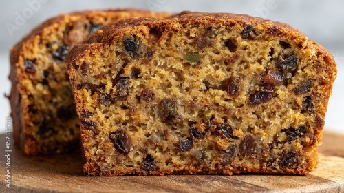   A close-up shot of a loaf of fruit bread on a cutting board with a single slice removed from the bread