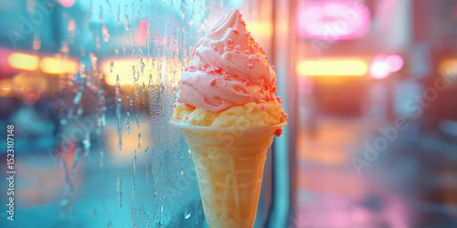 Soft Serve Ice Cream with Sprinkles in Cup Against a Wet Window